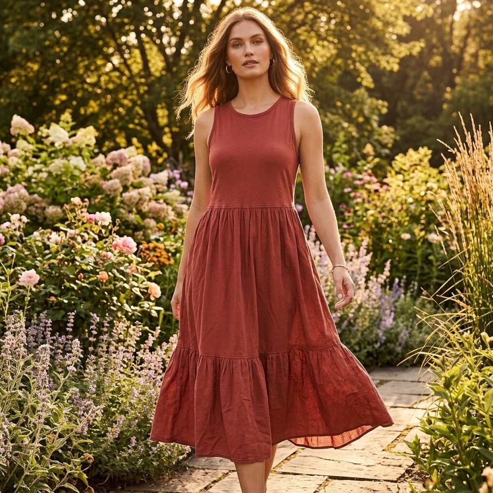 Universal Thread Tiered Midi Dress Womens M Red Cotton Sleeveless Boho Casual